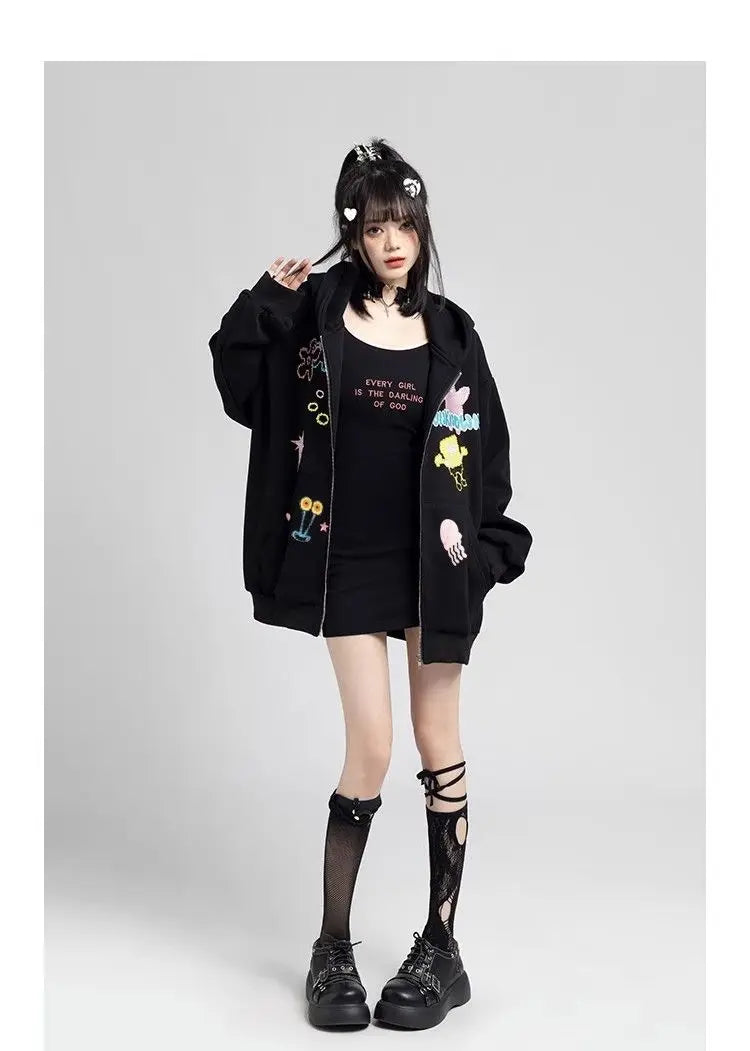 Y2k Zipper Hoodie Oversized Anime Mönster