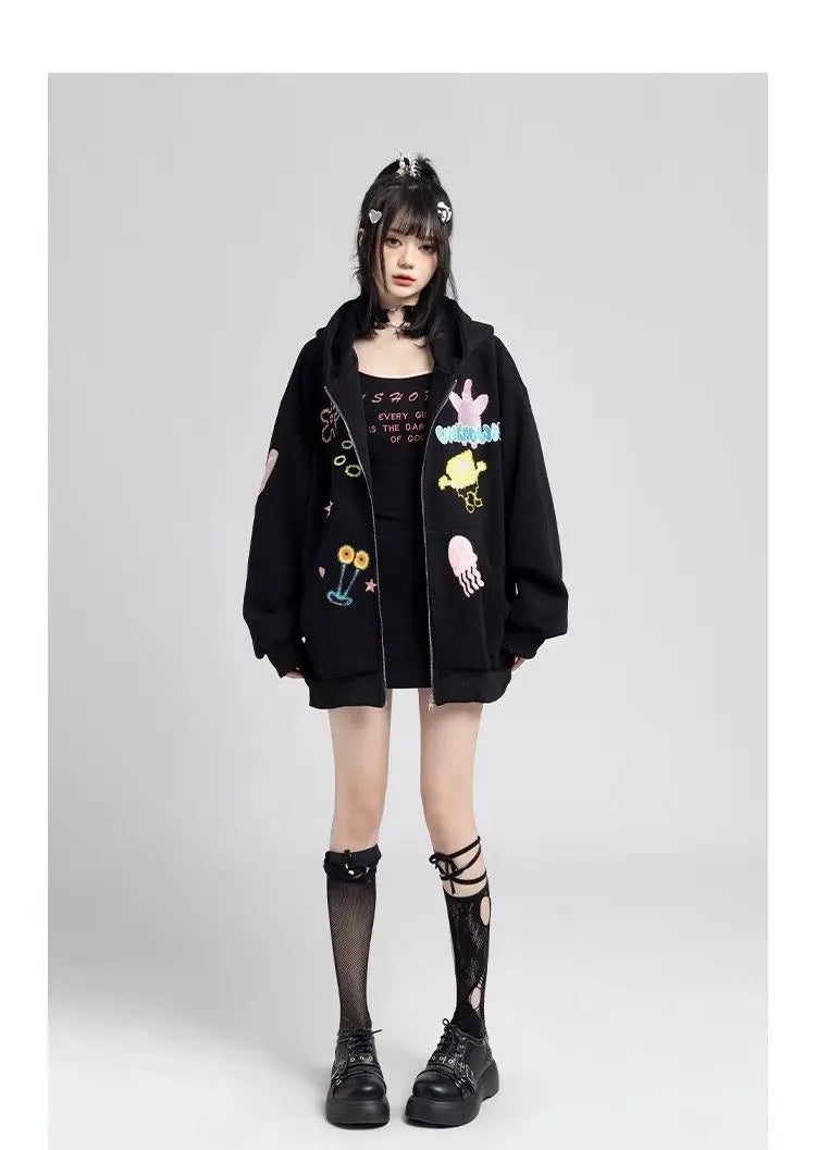 Y2k Zipper Hoodie Oversized Anime Mönster