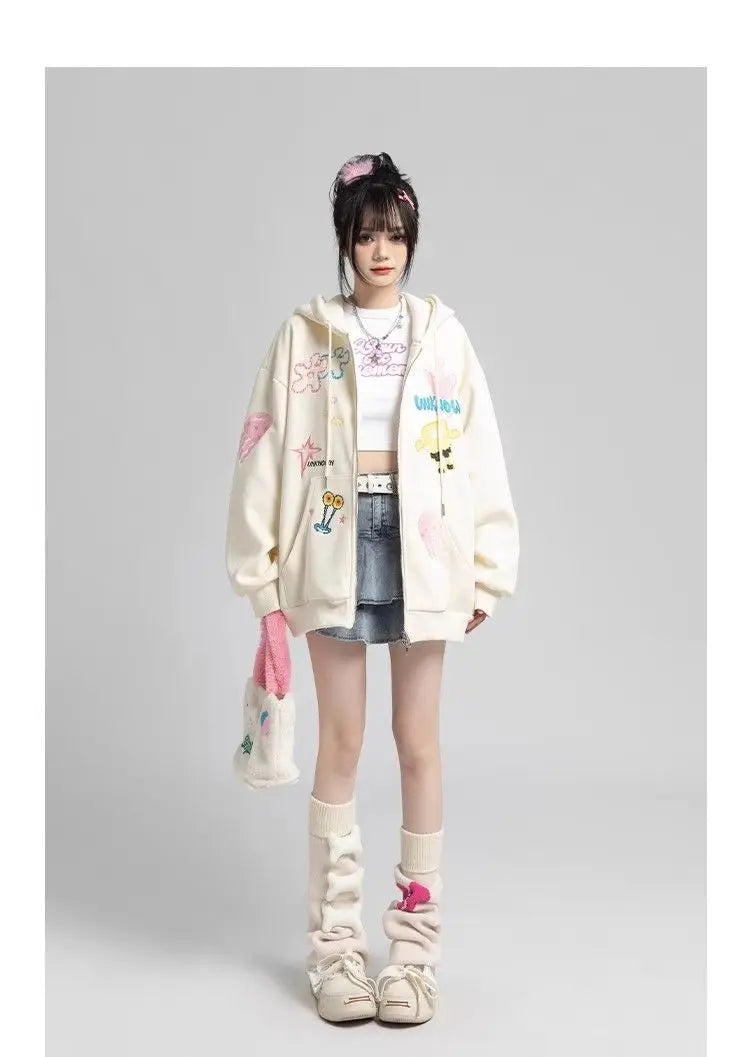 Y2k Zipper Hoodie Oversized Anime Mönster