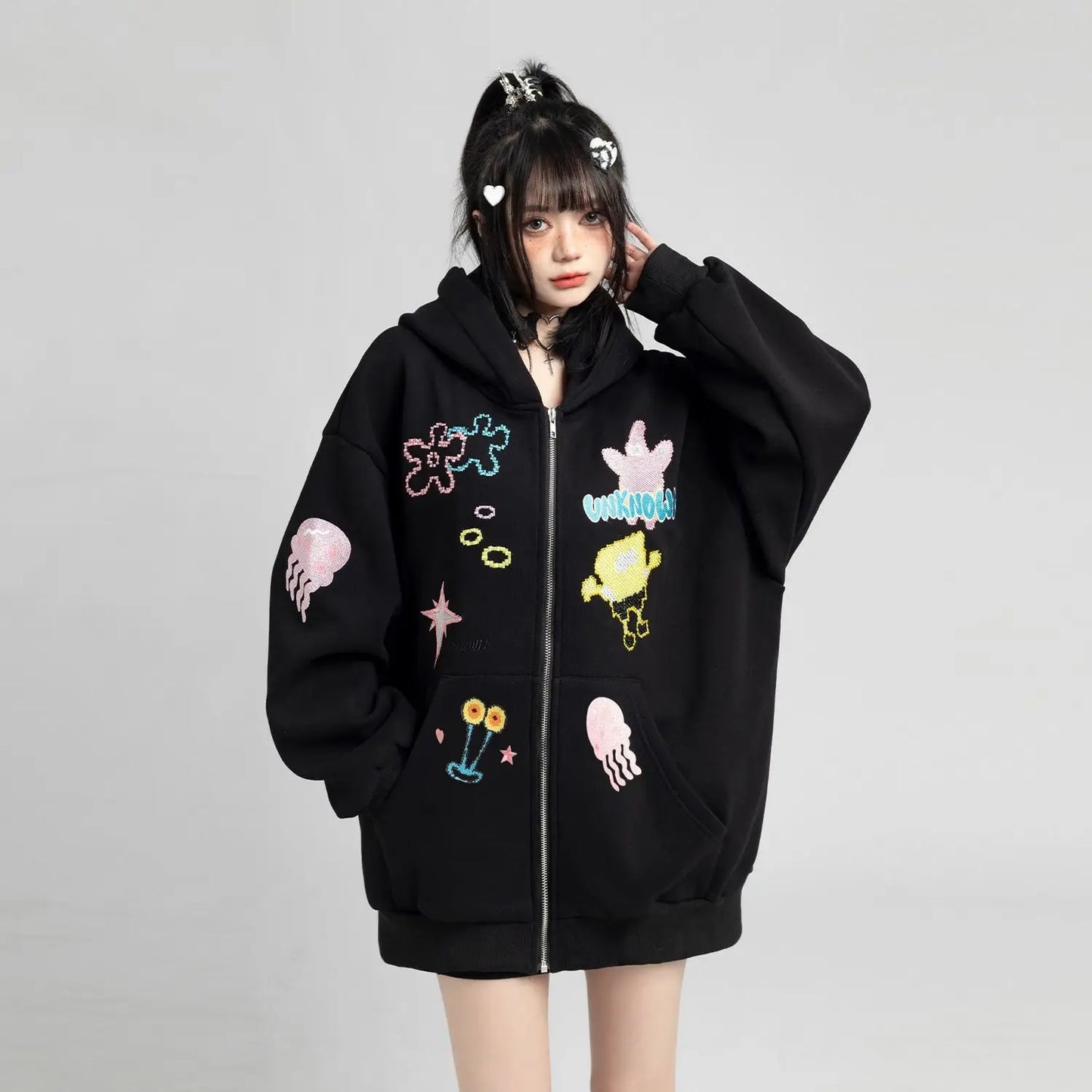 Y2k Zipper Hoodie Oversized Anime Mönster