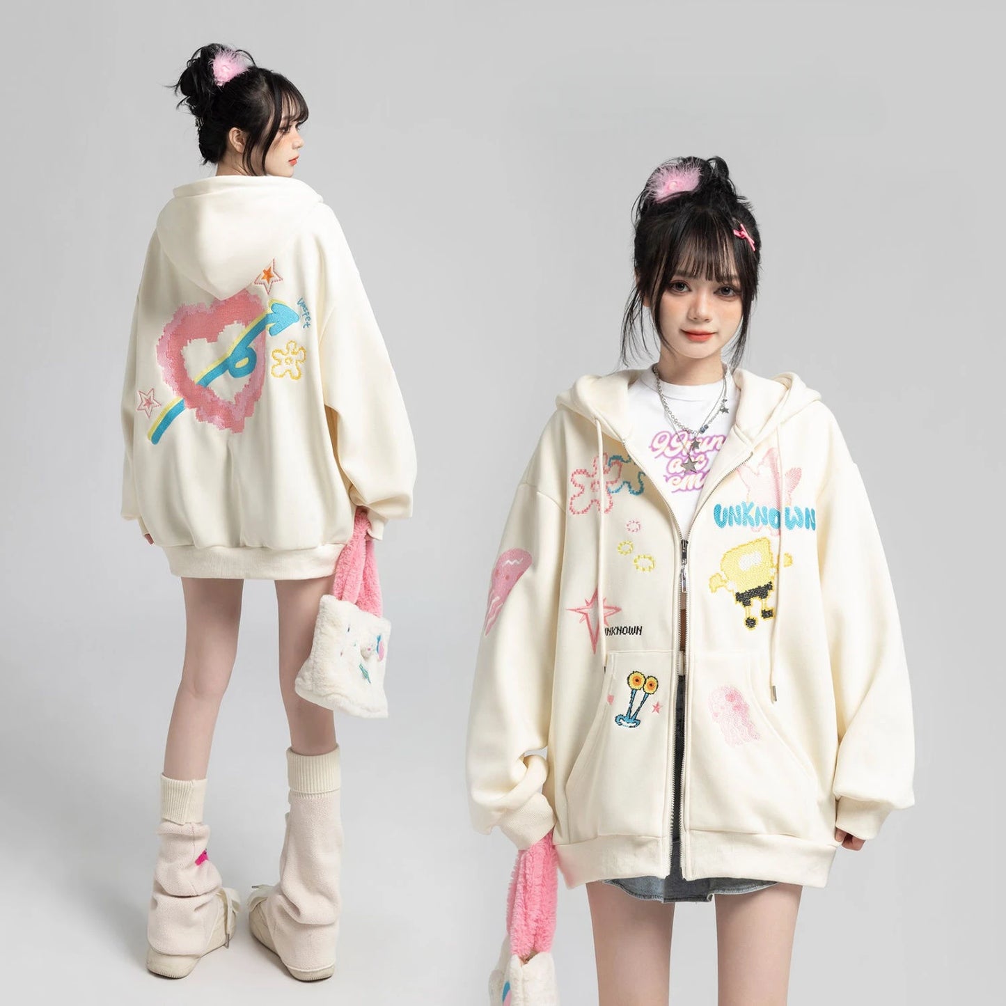 Y2k Zipper Hoodie Oversized Anime Mönster
