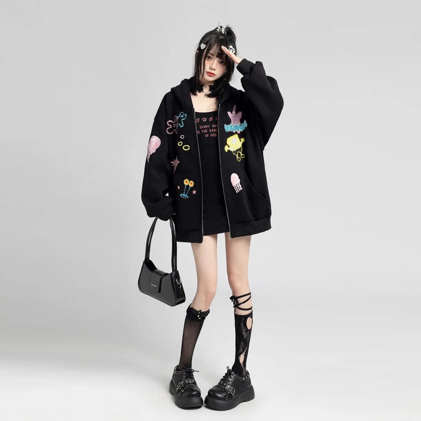 Y2k Zipper Hoodie Oversized Anime Mönster