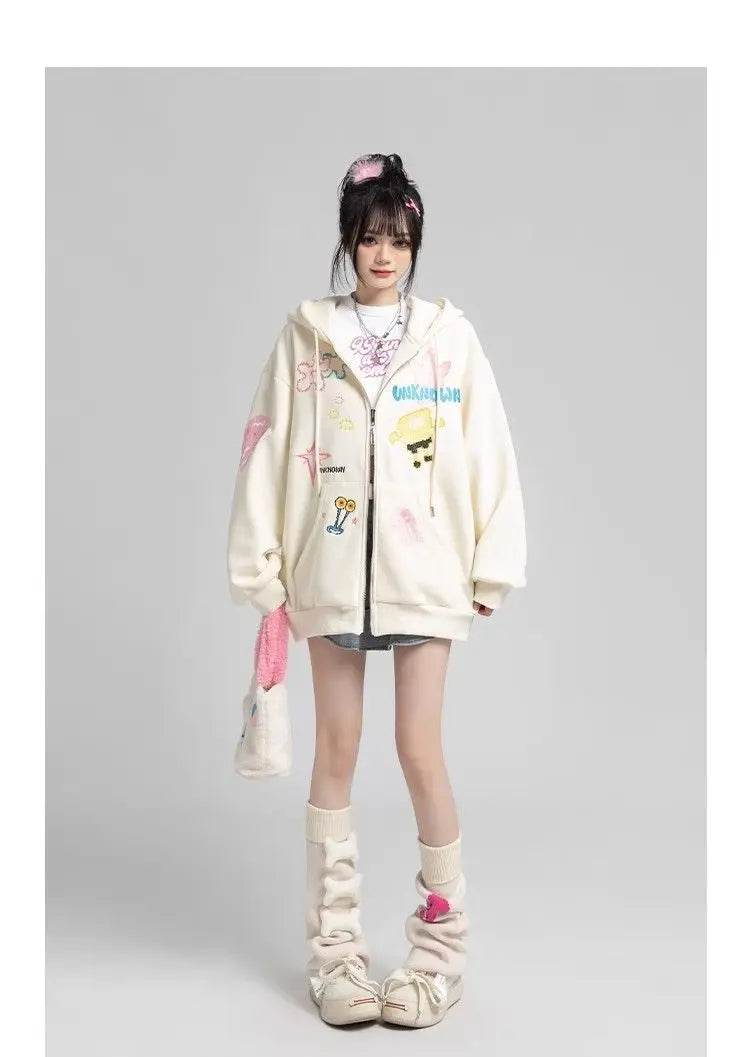 Y2k Zipper Hoodie Oversized Anime Mönster