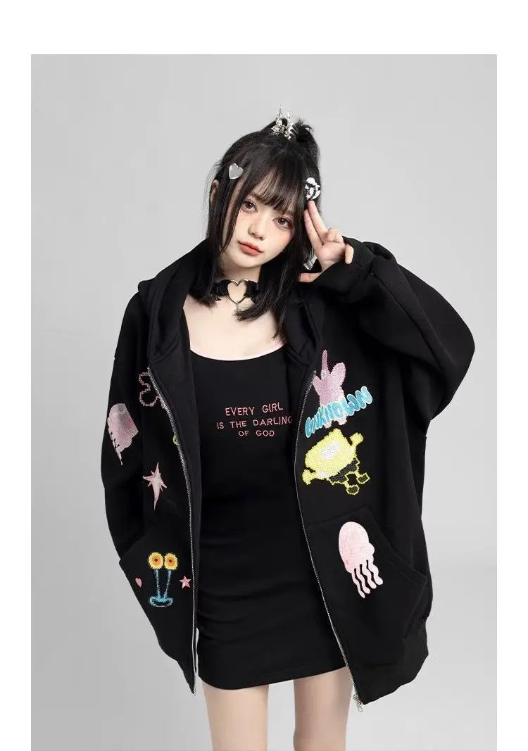 Y2k Zipper Hoodie Oversized Anime Mönster