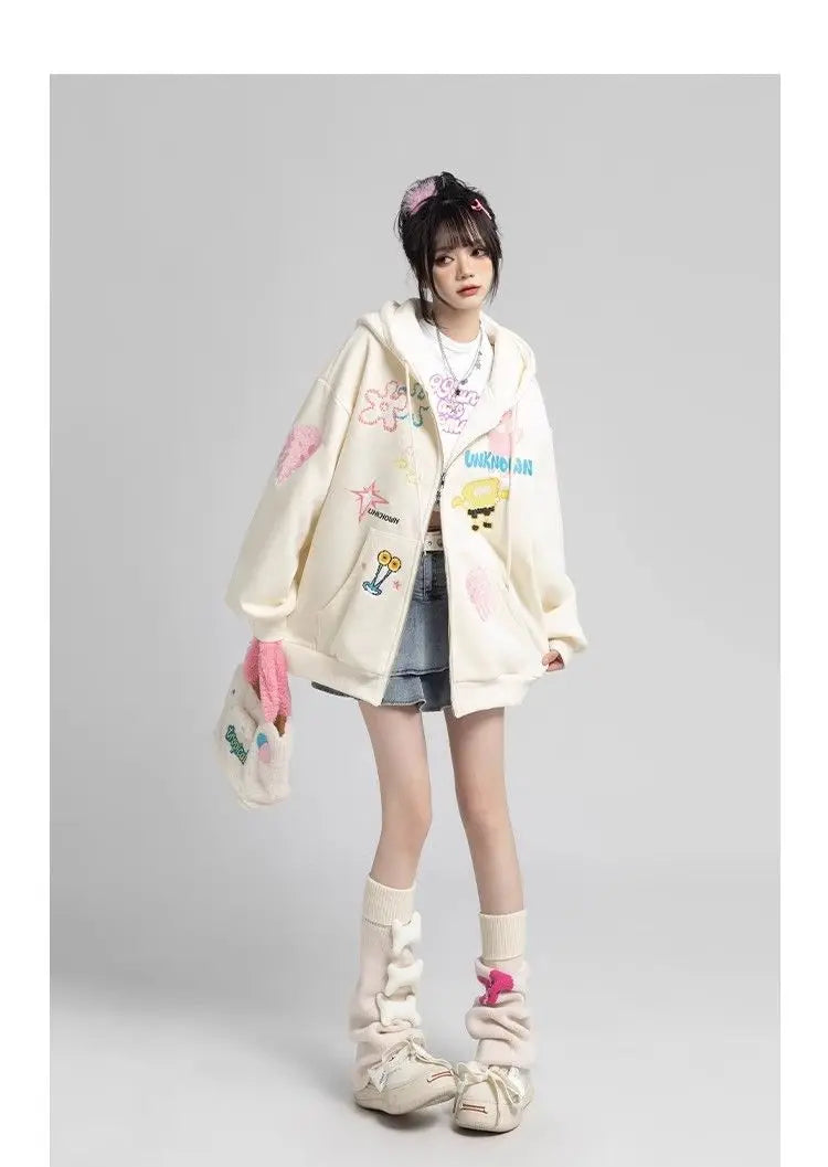 Y2k Zipper Hoodie Oversized Anime Mönster