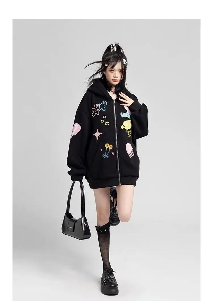 Y2k Zipper Hoodie Oversized Anime Mönster