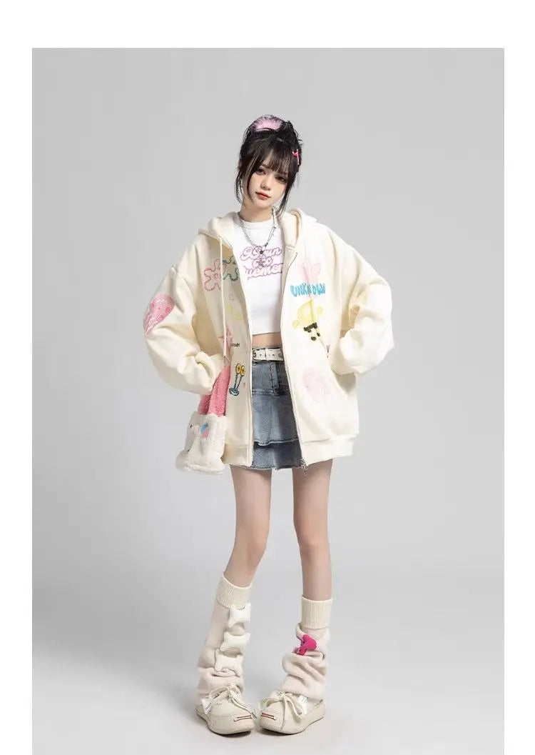 Y2k Zipper Hoodie Oversized Anime Mönster
