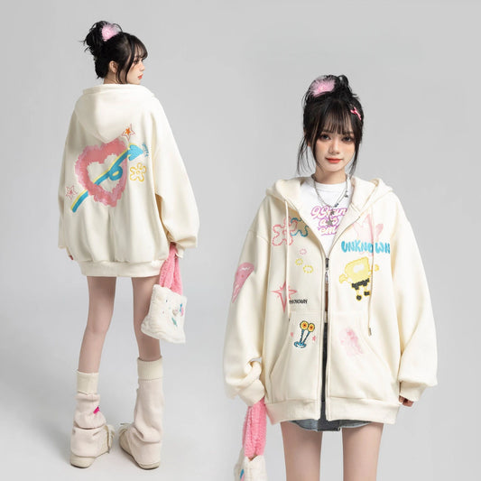 Y2k Zipper Hoodie Oversized Anime Mönster