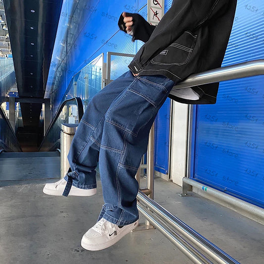 Män's Wide-Leg Denim Cargo Jeans