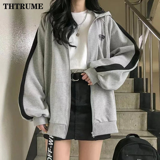 Randig koreansk hoodie – Y2K dragkedjetröja i oversized streetwear-stil